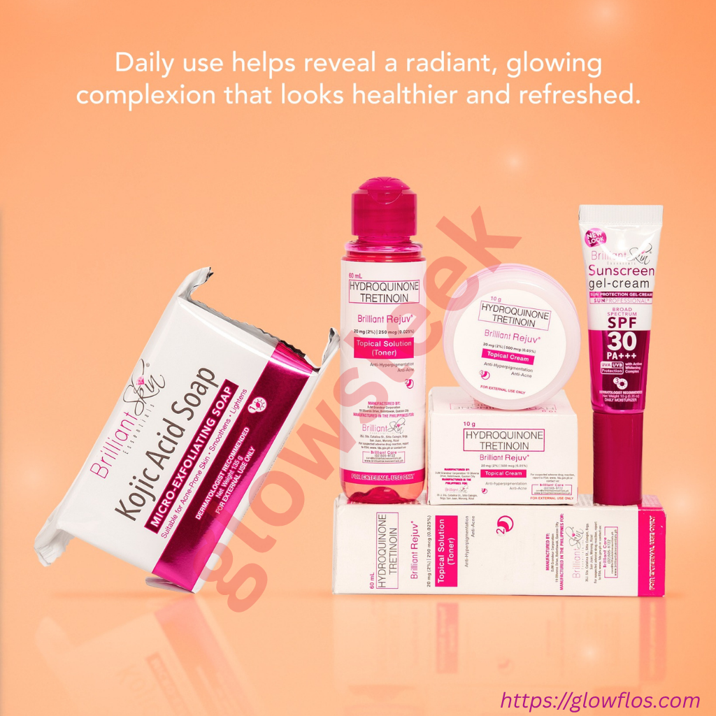 Authentic Brilliant Skin Essentials Rejuvenating Set 4-in-1 Skincare Kit with Kojic Soap Toner Cream and Sunscreen SPF 30 for Glass Skin Acne Treatment and Dark Spots