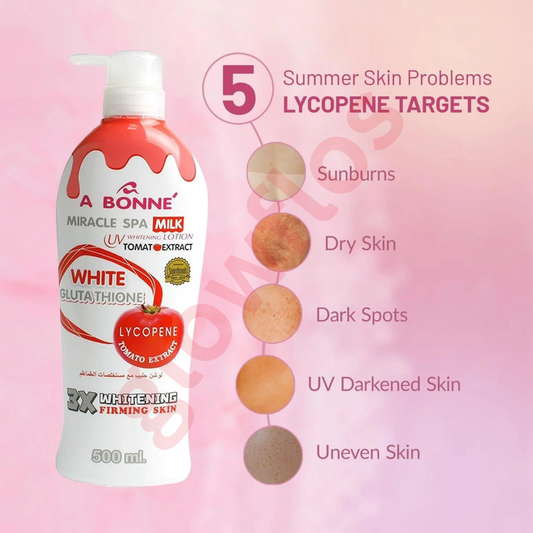 Silky smooth white milk lotion texture of A BONNE Tomato lotion being applied to skin