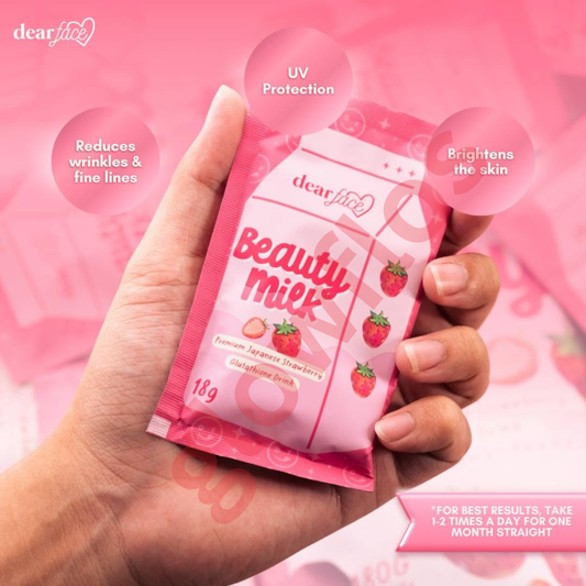 Authentic Dear Face Beauty Milk Strawberry Glutathione and Marine Collagen Drink Powder with Liposomal Technology for Premium Full Body Whitening Skin Tightening Anti Aging and Oral Sun Protection Glow