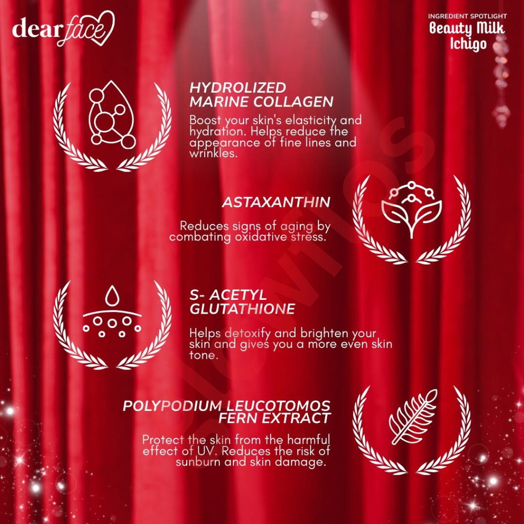 Authentic Dear Face Beauty Milk Strawberry Glutathione and Marine Collagen Drink Powder with Liposomal Technology for Premium Full Body Whitening Skin Tightening Anti Aging and Oral Sun Protection Glow
