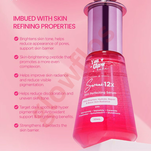 Lightweight clear fluid texture of You Glow Babe 12x skin perfecting serum being applied to face