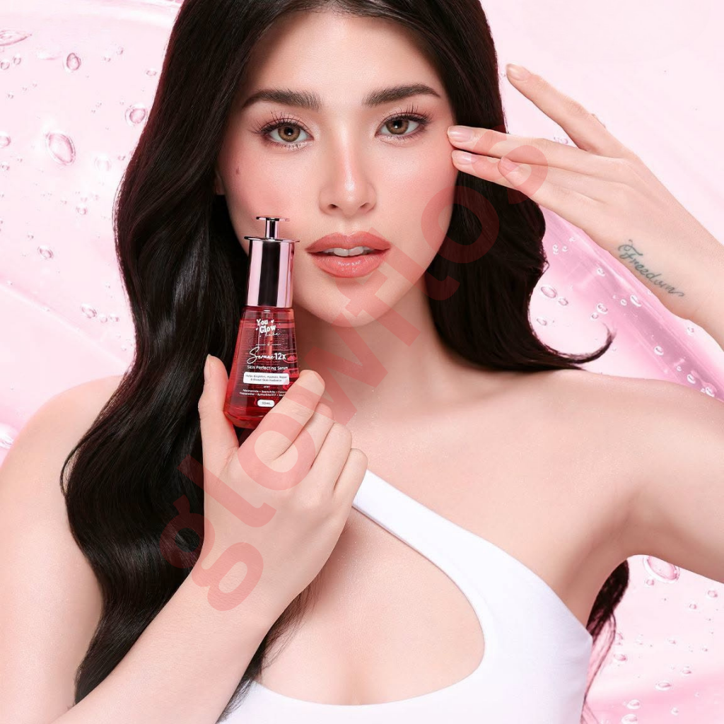 Lightweight clear fluid texture of You Glow Babe 12x skin perfecting serum being applied to face