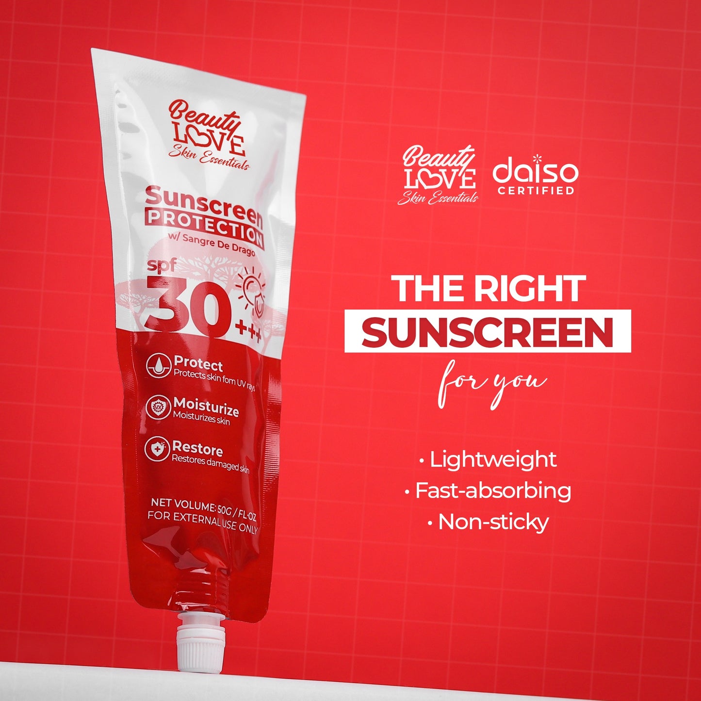 A close-up of the lightweight, non-greasy texture of Beauty Love Sunscreen Protection cream on skin.