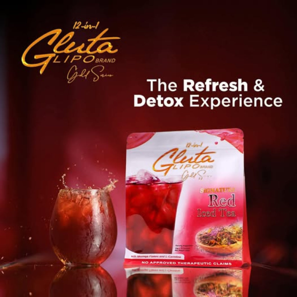 “Gluta Lipo Red Iced Tea premium refreshing iced tea powder drink in red berry flavor.”