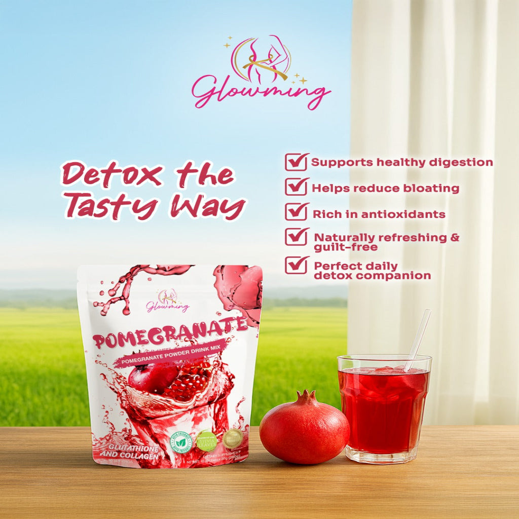 Refreshing iced red pomegranate detox drink poured into a glass for fat burning and skin glow