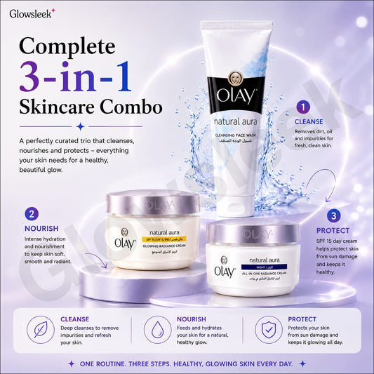 Authentic Olay 3-Piece Skincare Regimen Set Pack with Cleansing Facial Wash Brightening Day Cream and Intensive Night Cream for Complete Face Hydration Anti-Aging and Radiant Glow