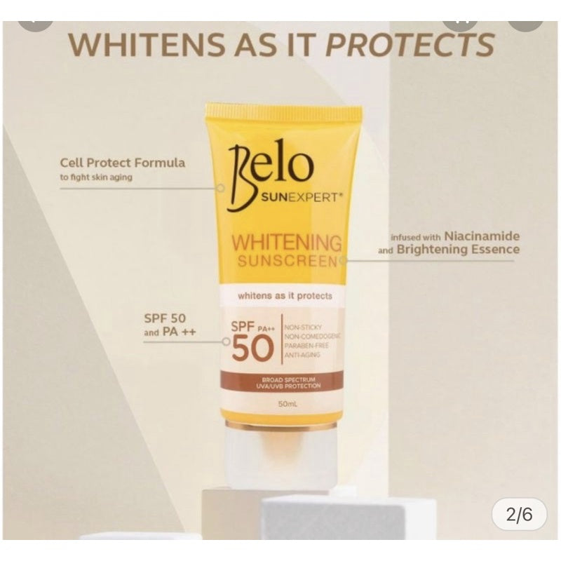 Belo SunExpert Whitening Sunscreen SPF 50 yellow tube for maximum UV protection and dark spot fading
