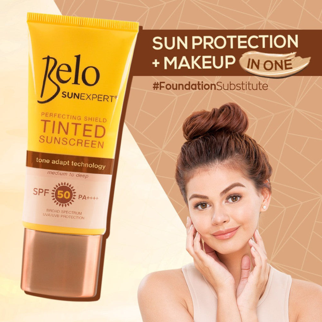 Belo SunExpert Tinted Sunscreen SPF 50 tube with tone adapt technology for sheer matte coverage