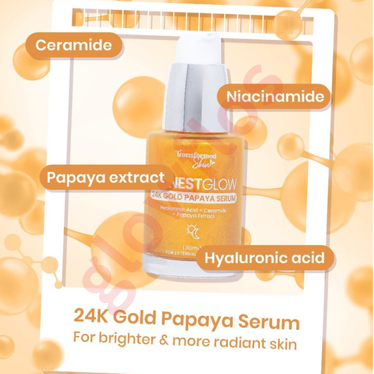 Authentic Honest Glow 24k Gold Papaya Serum Luxury Facial Brightening Booster with Real Gold Flakes and Papaya Extract for Anti Aging Skin Firming Dark Spot Removal and Luminous Glass Skin