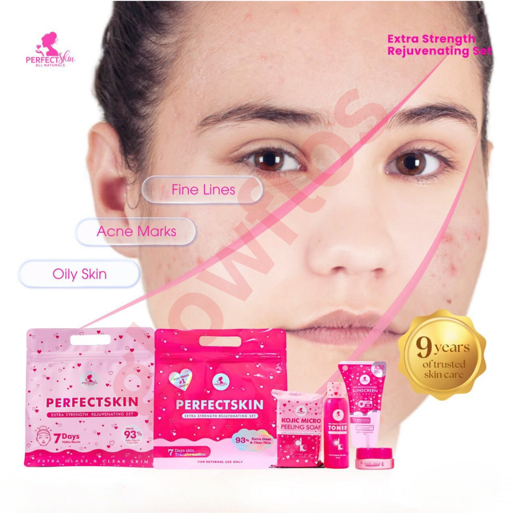 Authentic Perfect Skin Rejuvenating Set 4-in-1 Intensive Skincare Kit with Kojic Soap Toner Night Cream and Sunblock Gel Cream SPF 35 for Advanced Acne Treatment Dark Spot Peeling and Flawless Glass Skin