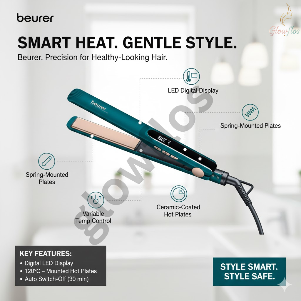 “Beurer HS-50 professional hair straightener with ceramic plates for smooth, sleek styling – salon-quality flat iron.”