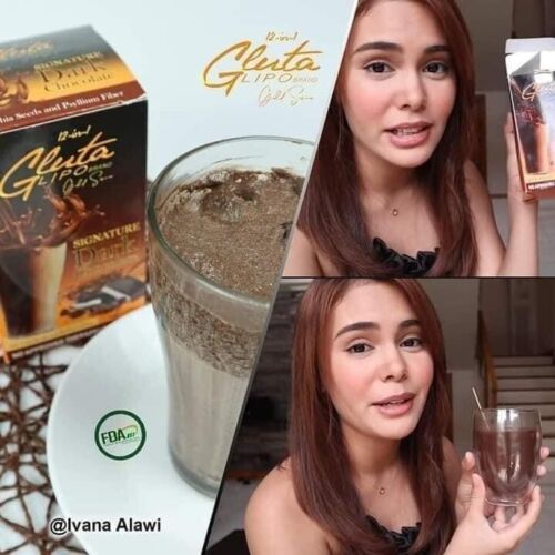 “GlutaLipo Dark Chocolate flavored drink mix in dark chocolate packaging.”