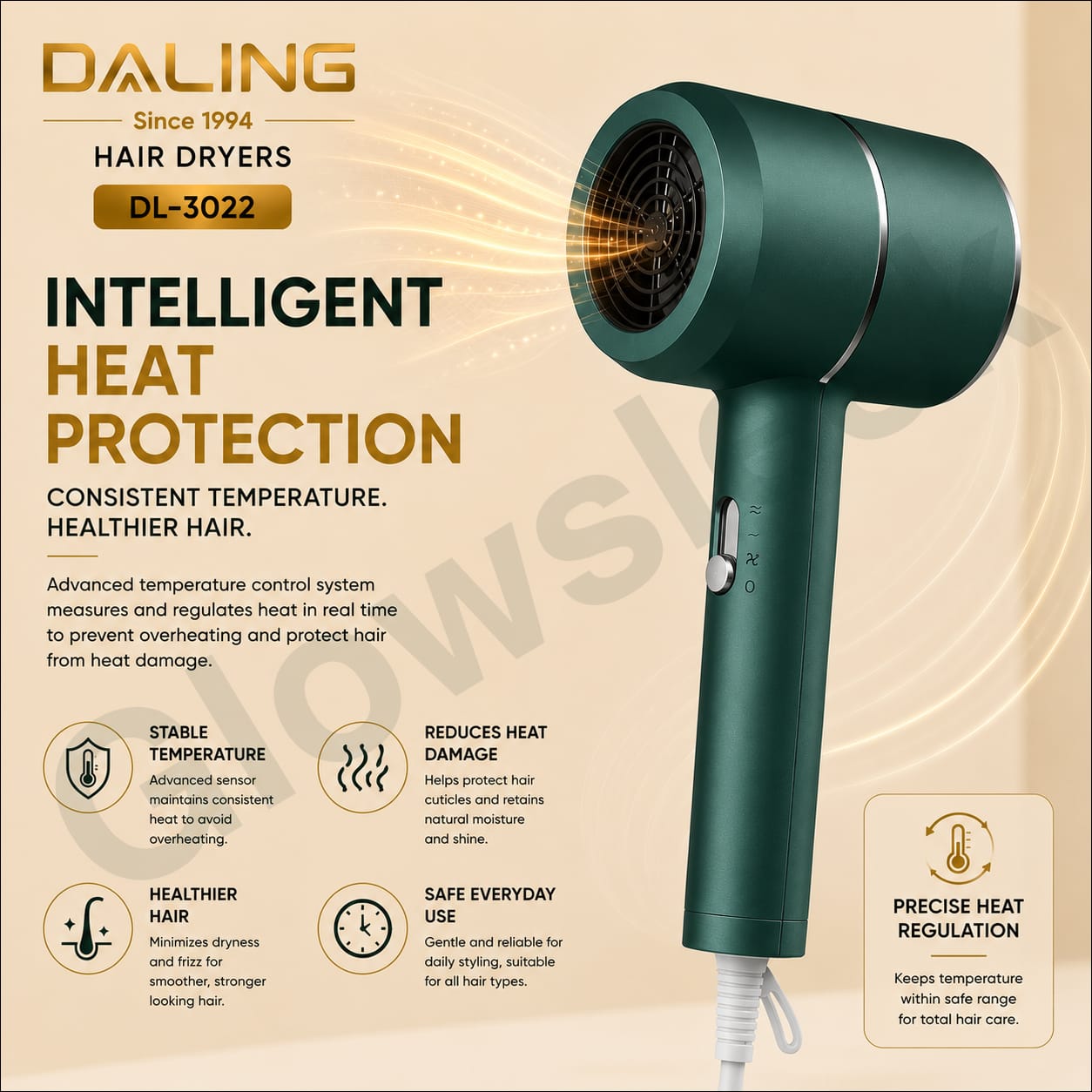 Authentic Daling Professional Travel Hair Dryer Model DL-3022 Compact 1400W Blow Dryer with Ionic Technology Concentrator Nozzle and Cool Shot for Frizz Free Hair