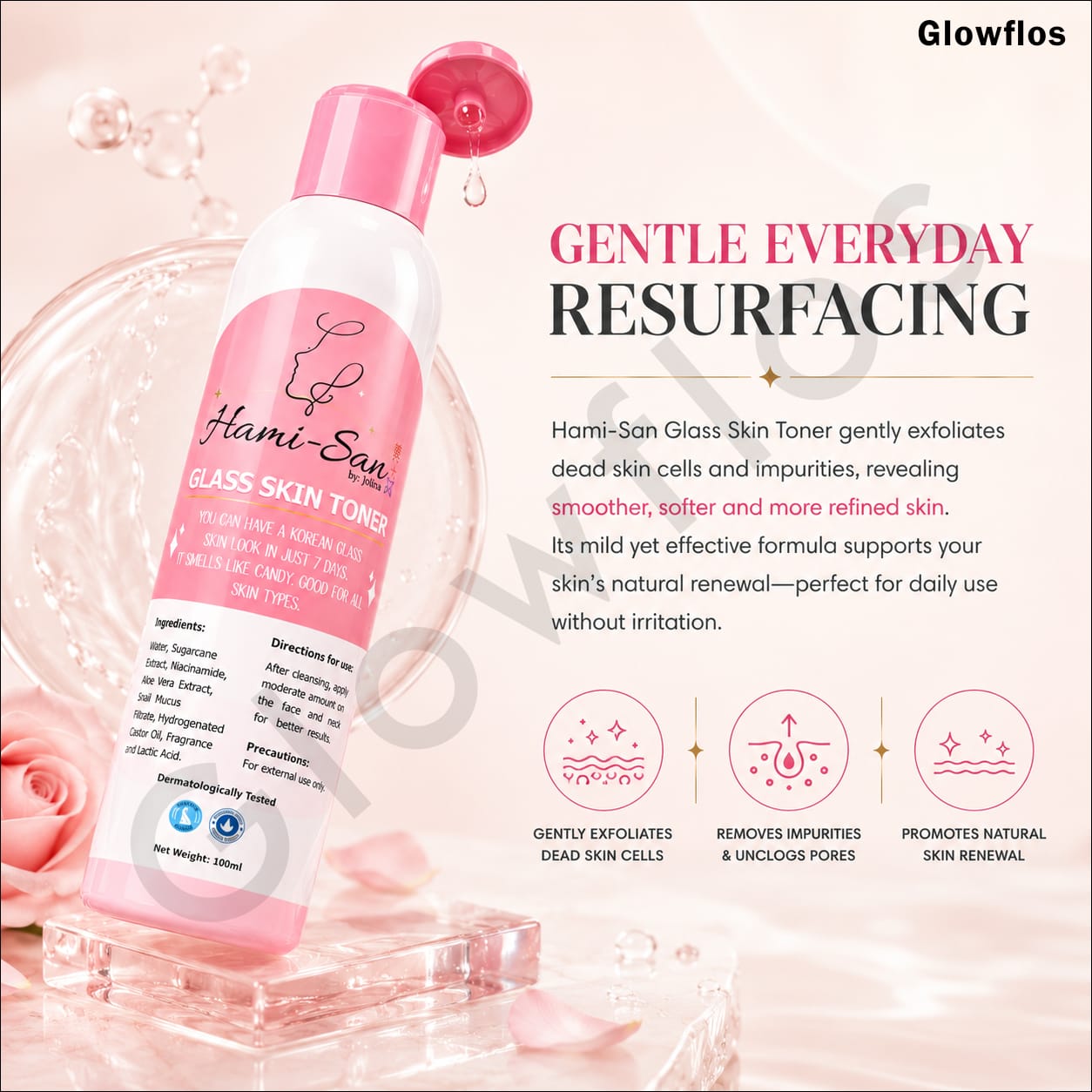 Hami-San Glass Skin Toner benefits listing including cleanses skin evens texture hydrates and dries pimples
