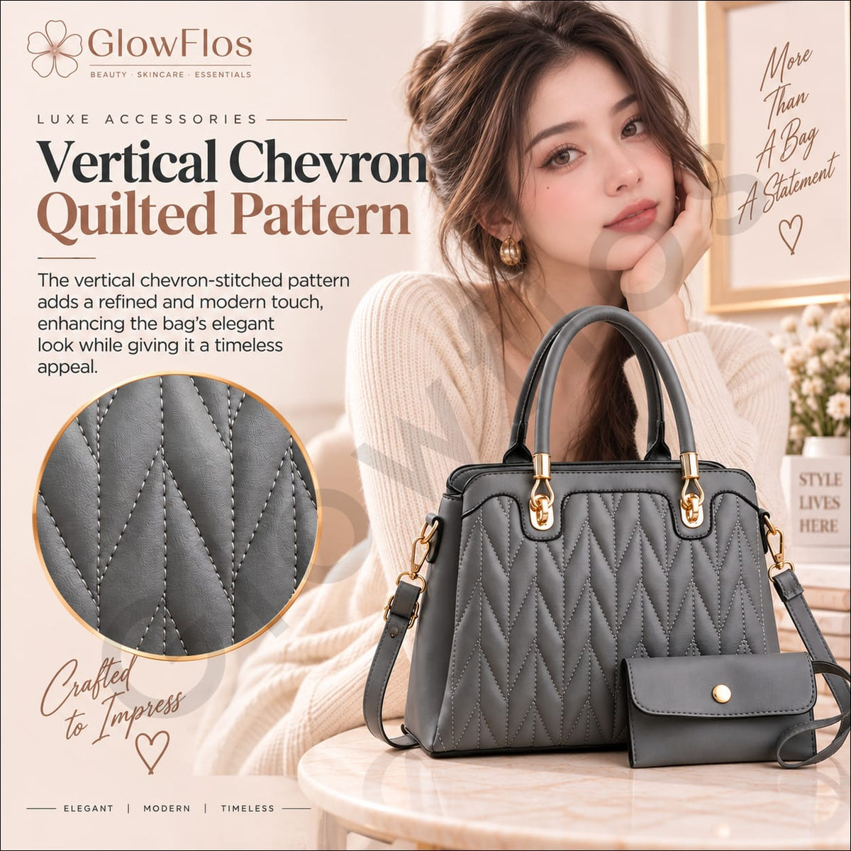 Luxe Chevron Quilted Satchel & Card Pouch Set