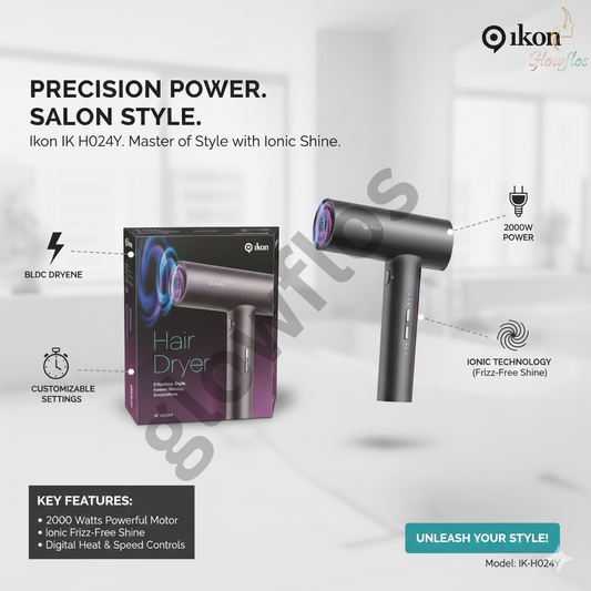 “Ikon IK-H024Y 2000W professional hair dryer with powerful airflow, heat settings, and sleek design for fast drying.”