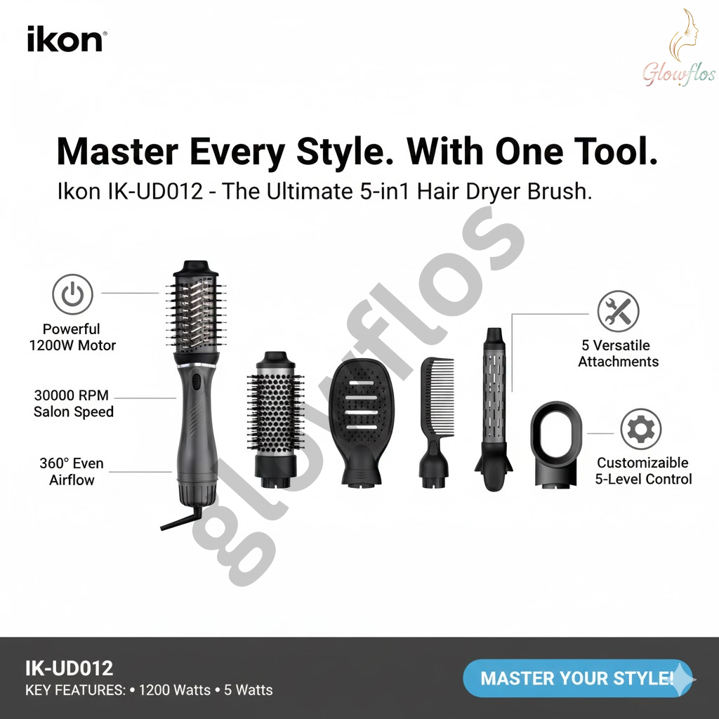 “Ikon 5 in 1 Hair Dryer Brush IK-UD012 – multifunction hot air brush for drying, straightening, curling, and volumizing hair.”