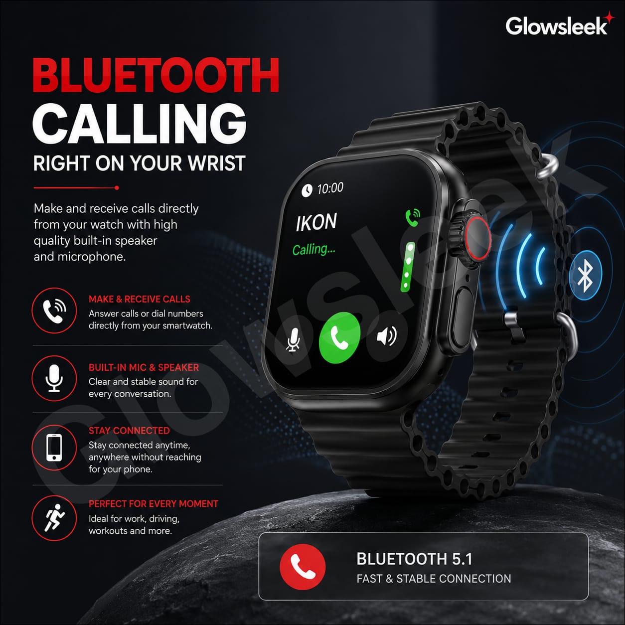 Authentic IKON Smart Watch with HD Touch Screen Bluetooth Calling Pedometer Heart Rate Blood Pressure Monitor and Smart Notifications for Android and iOS
