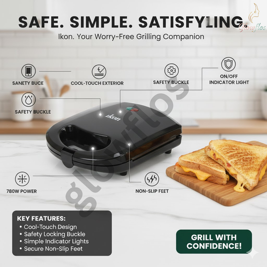 “Ikon Sandwich Maker IK-8808 with non-stick plates, fast heating, and compact kitchen-ready design.”