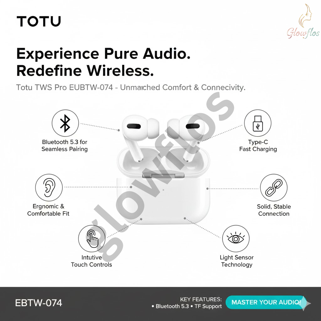 “Totu TWS Earbuds Pro EUBTW-074 wireless Bluetooth earbuds with noise reduction and charging case.”
