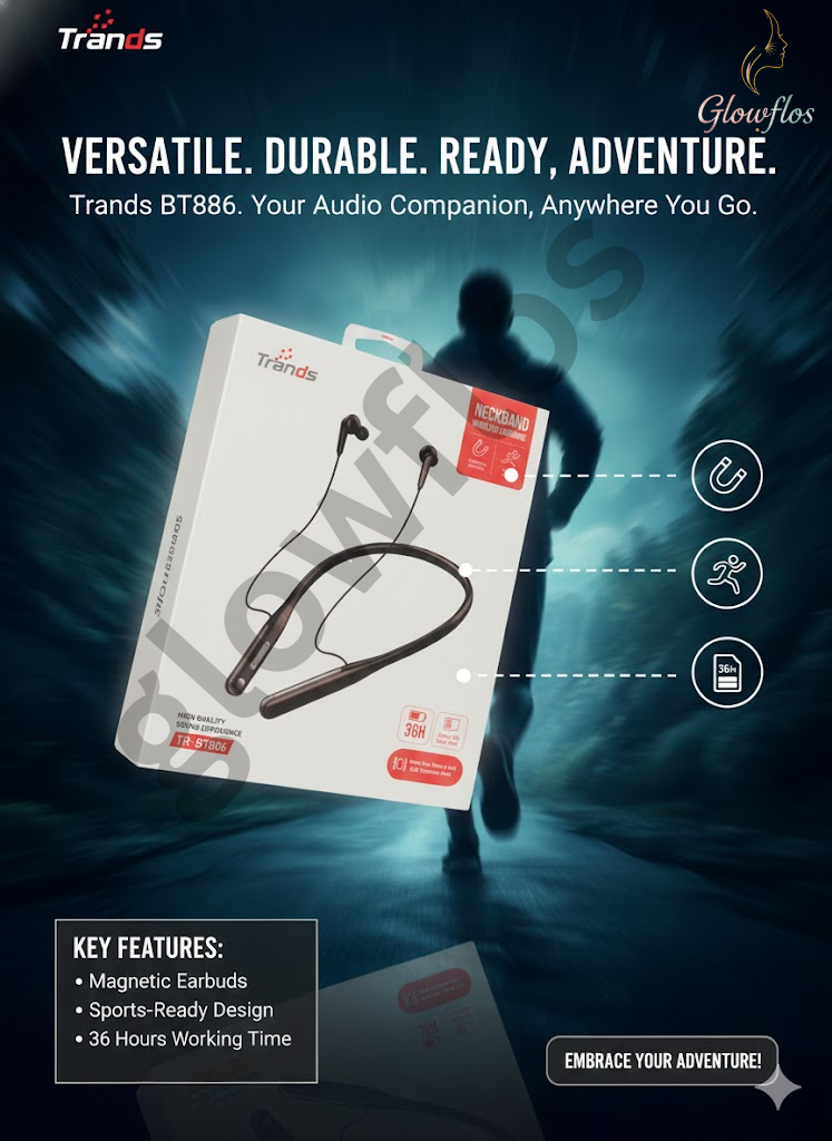“Trands BT806 neckband wireless earphones with Bluetooth connectivity, long battery life, and magnetic earbuds.”