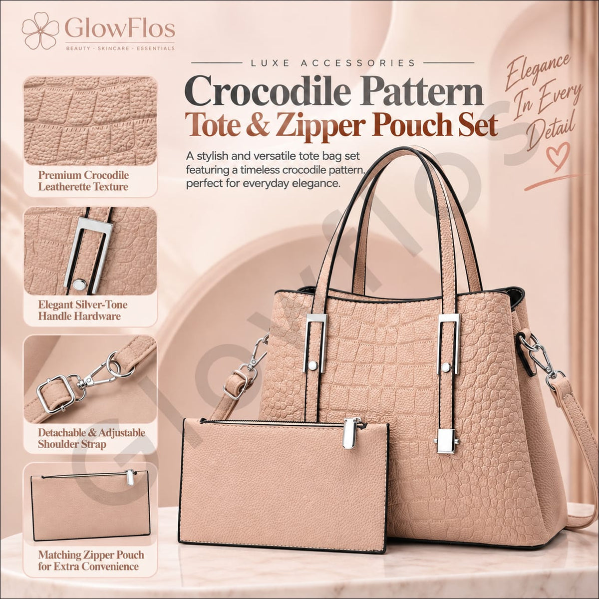 Luxe Crocodile Pattern Tote & Zipper Pouch Set