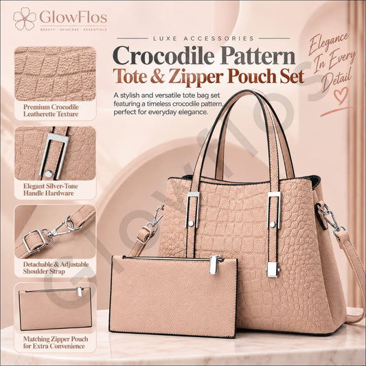 Luxe Crocodile Pattern Tote & Zipper Pouch Set