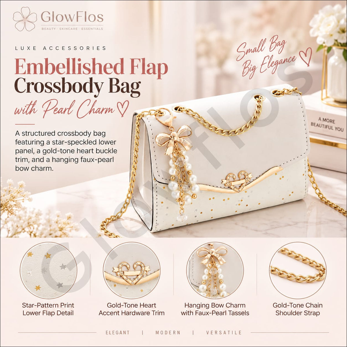 Luxe Accessories Embellished Flap Crossbody Bag with Pearl Charm