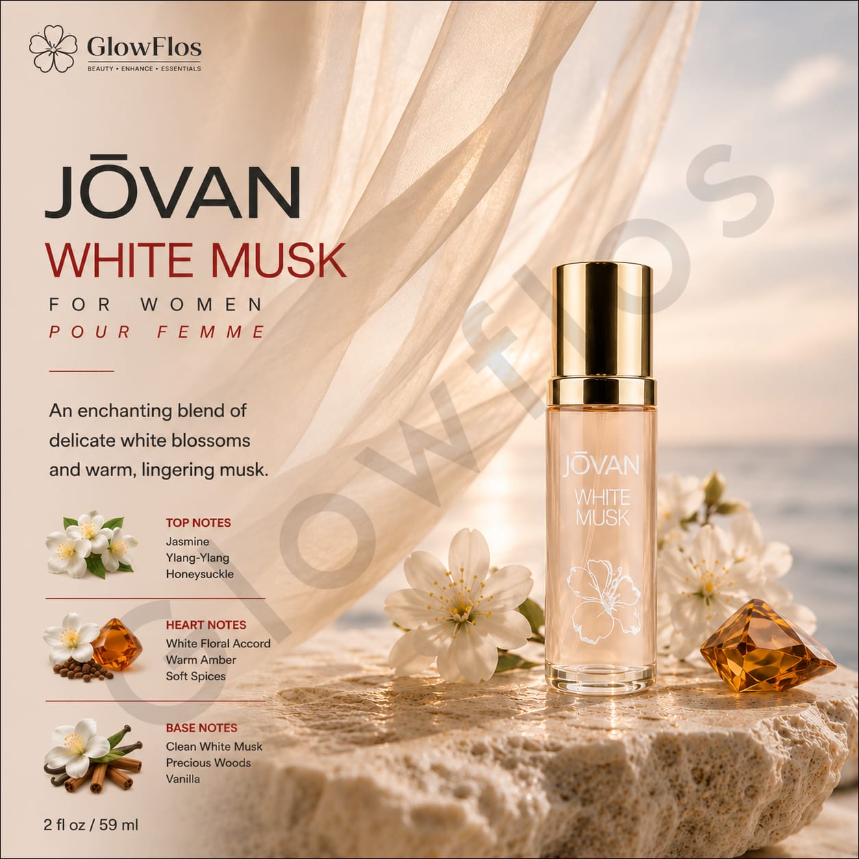 Jovan White Musk for Women 59 ml bottle with fragrance notes white floral amber vanilla