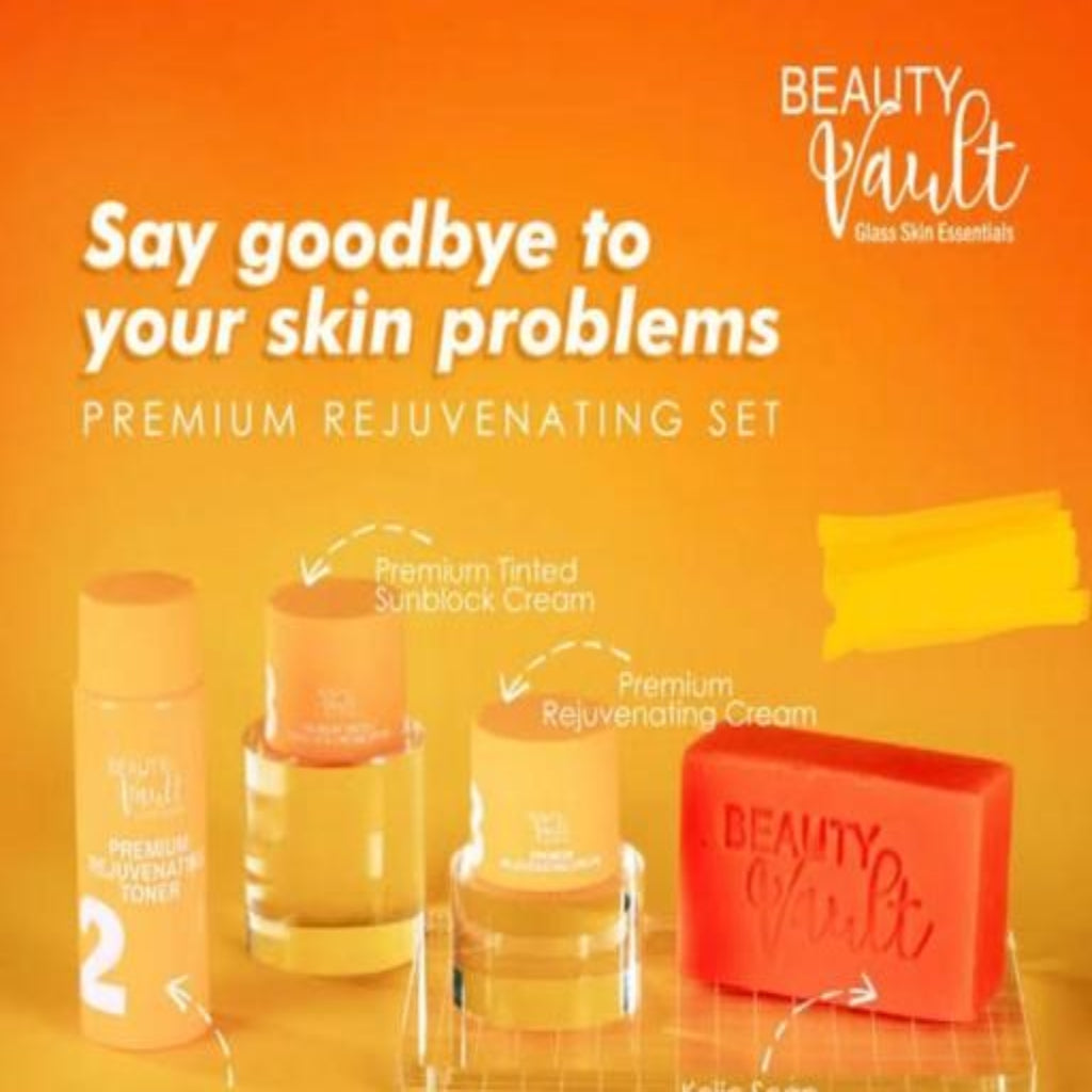 Authentic Beauty Vault Glass Skin Rejuvenating Set 4-in-1 Intensive Skincare Kit with Kojic Soap Toner Rejuvenating Night Cream and Tinted Sunblock SPF 45 for Advanced Acne Treatment Dark Spot Peeling and Flawless Glass Skin