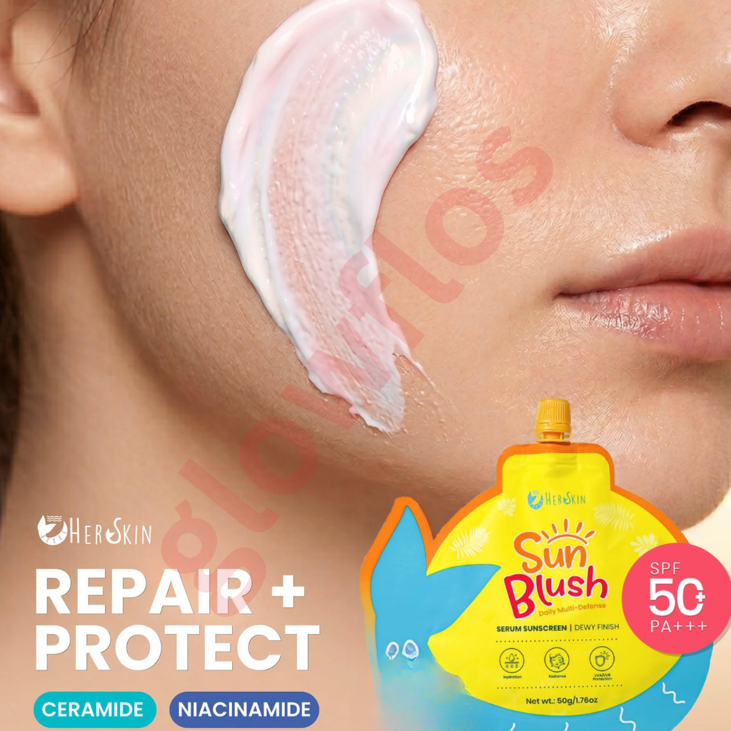 Rosy tinted serum sunscreen fluid texture of HerSkin SunBlush being blended on cheeks
