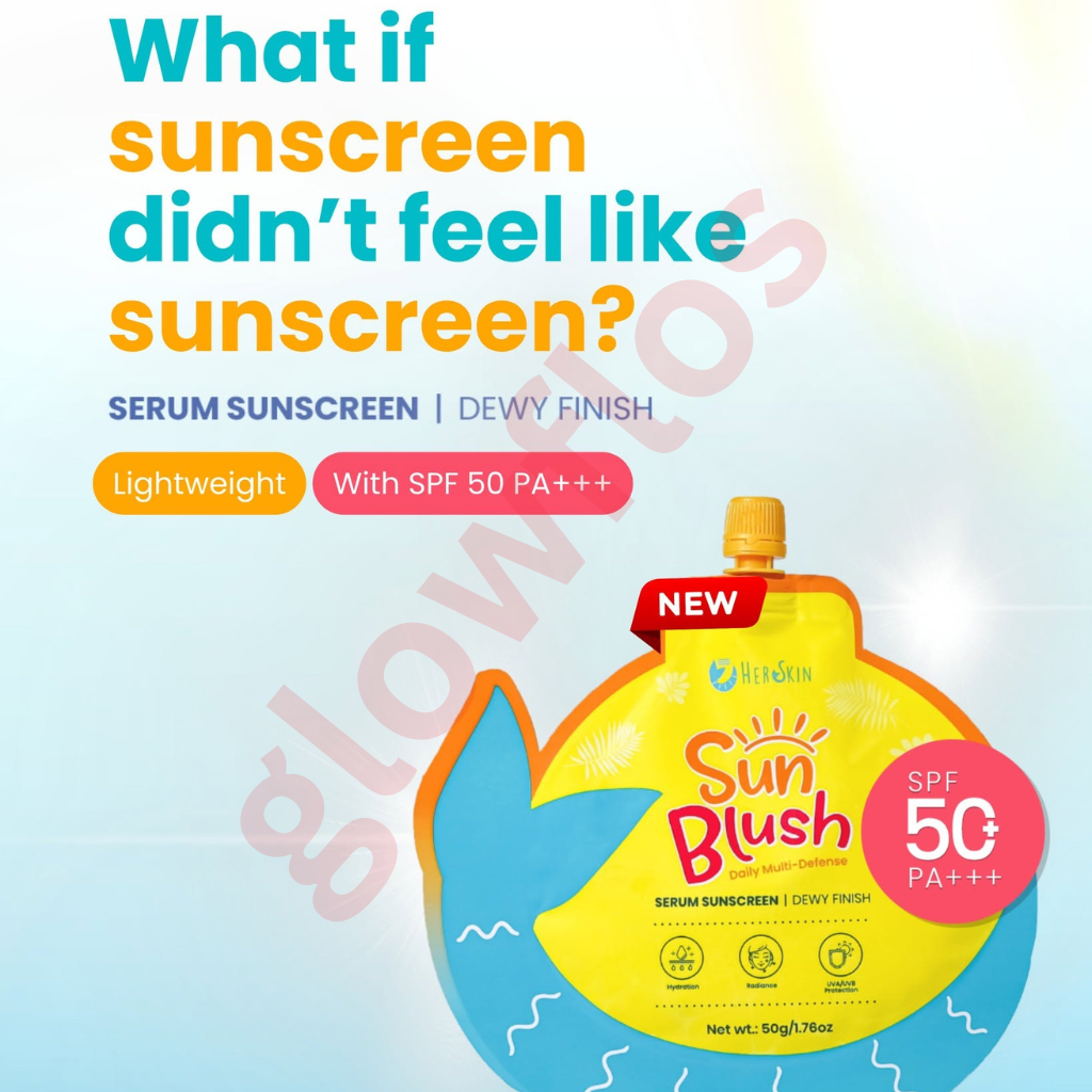 Rosy tinted serum sunscreen fluid texture of HerSkin SunBlush being blended on cheeks