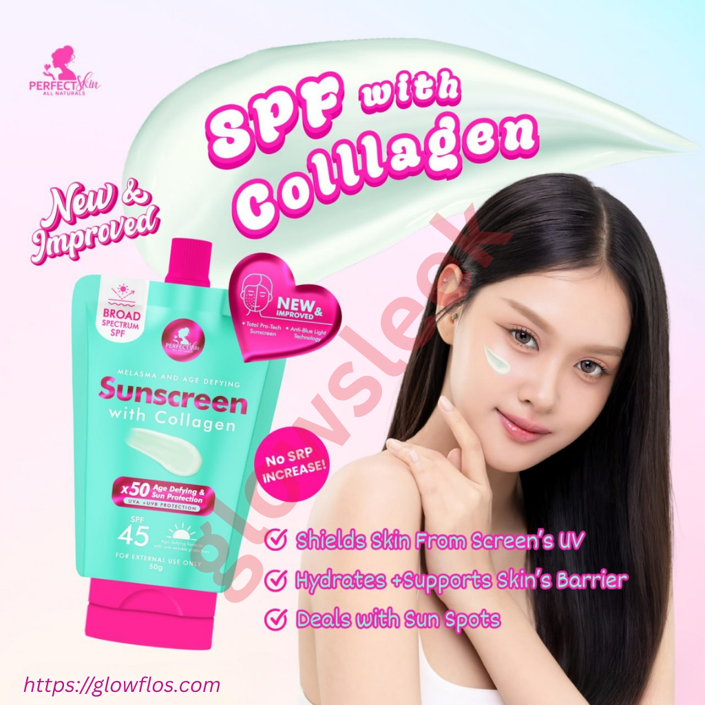 Authentic Perfect Skin Sunscreen With Collagen SPF 50 Broad Spectrum Facial Sunblock for Anti Aging Skin Tightening Fine Line Plumping and Zero White Cast Radiant Glass Skin Finish