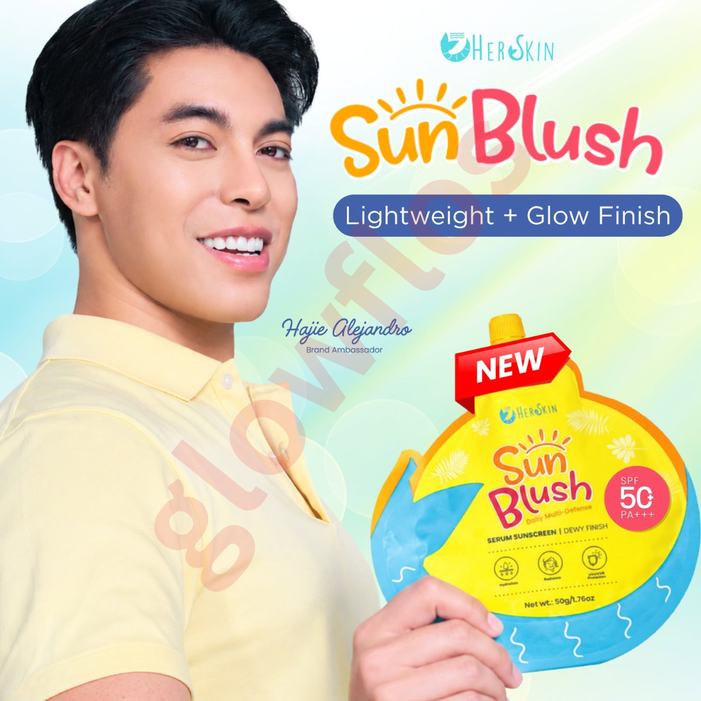 Rosy tinted serum sunscreen fluid texture of HerSkin SunBlush being blended on cheeks