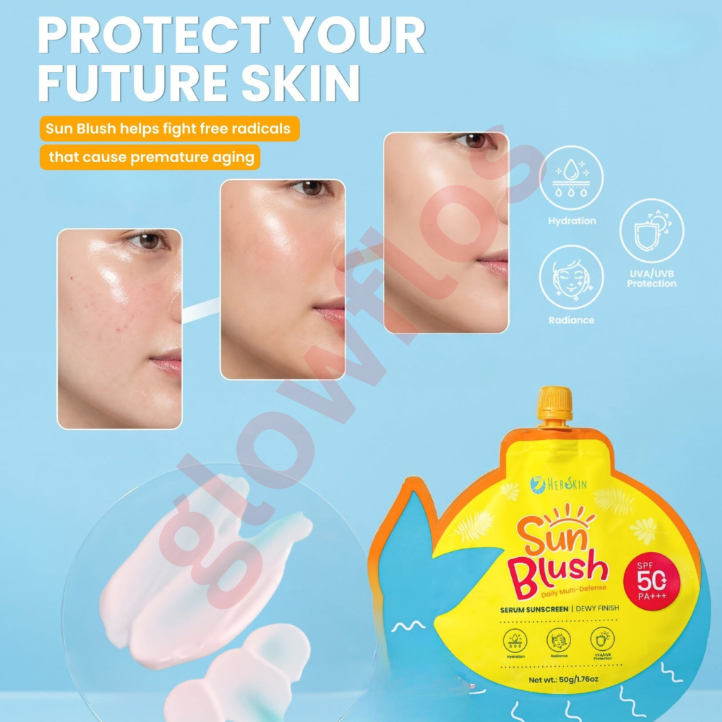 Rosy tinted serum sunscreen fluid texture of HerSkin SunBlush being blended on cheeks