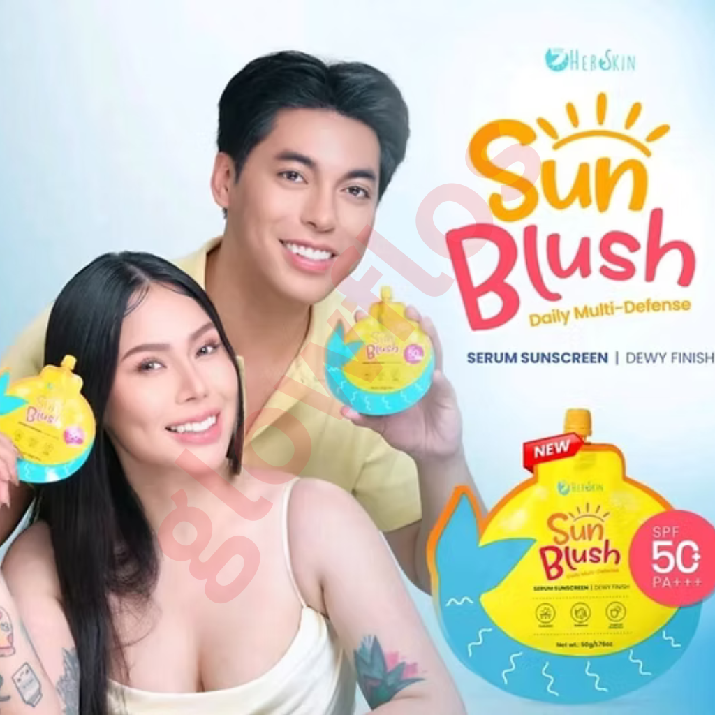 Rosy tinted serum sunscreen fluid texture of HerSkin SunBlush being blended on cheeks