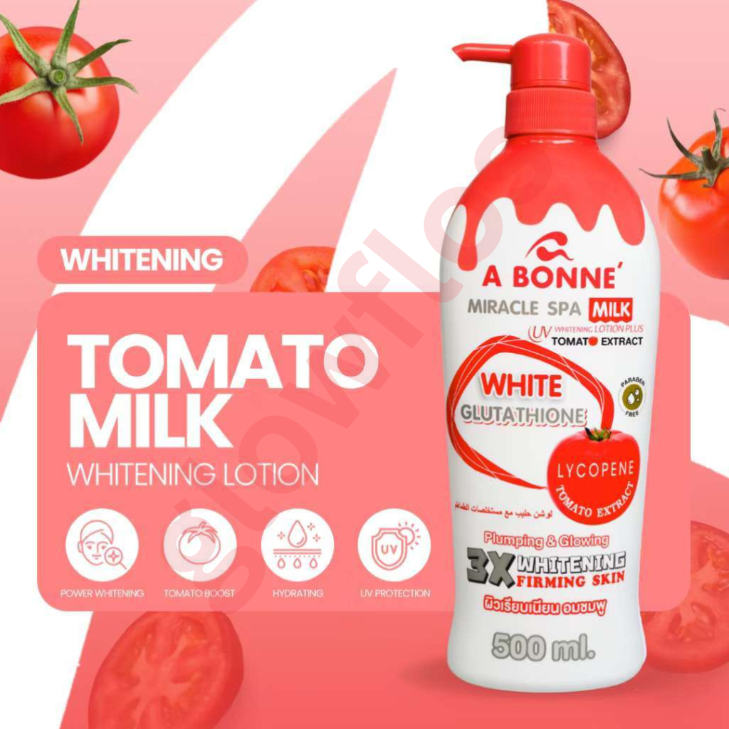 Silky smooth white milk lotion texture of A BONNE Tomato lotion being applied to skin