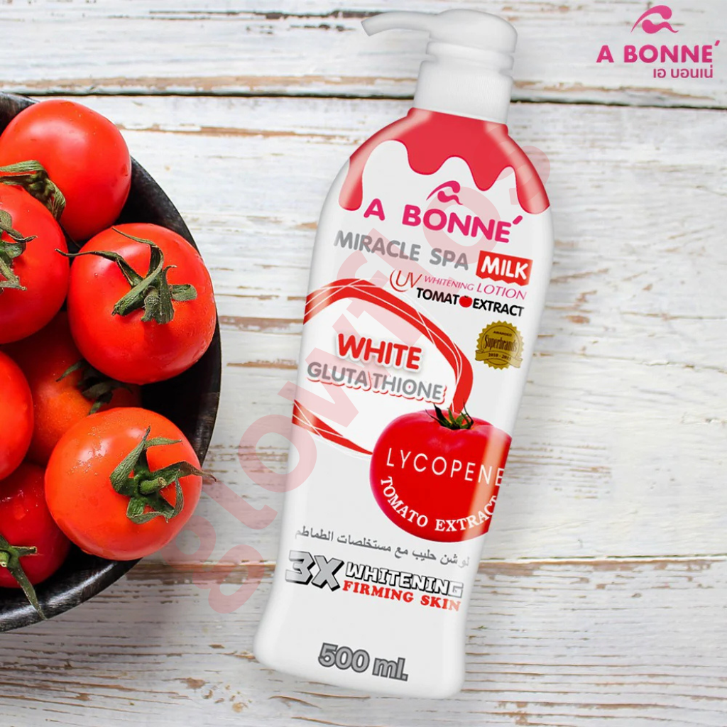 Silky smooth white milk lotion texture of A BONNE Tomato lotion being applied to skin