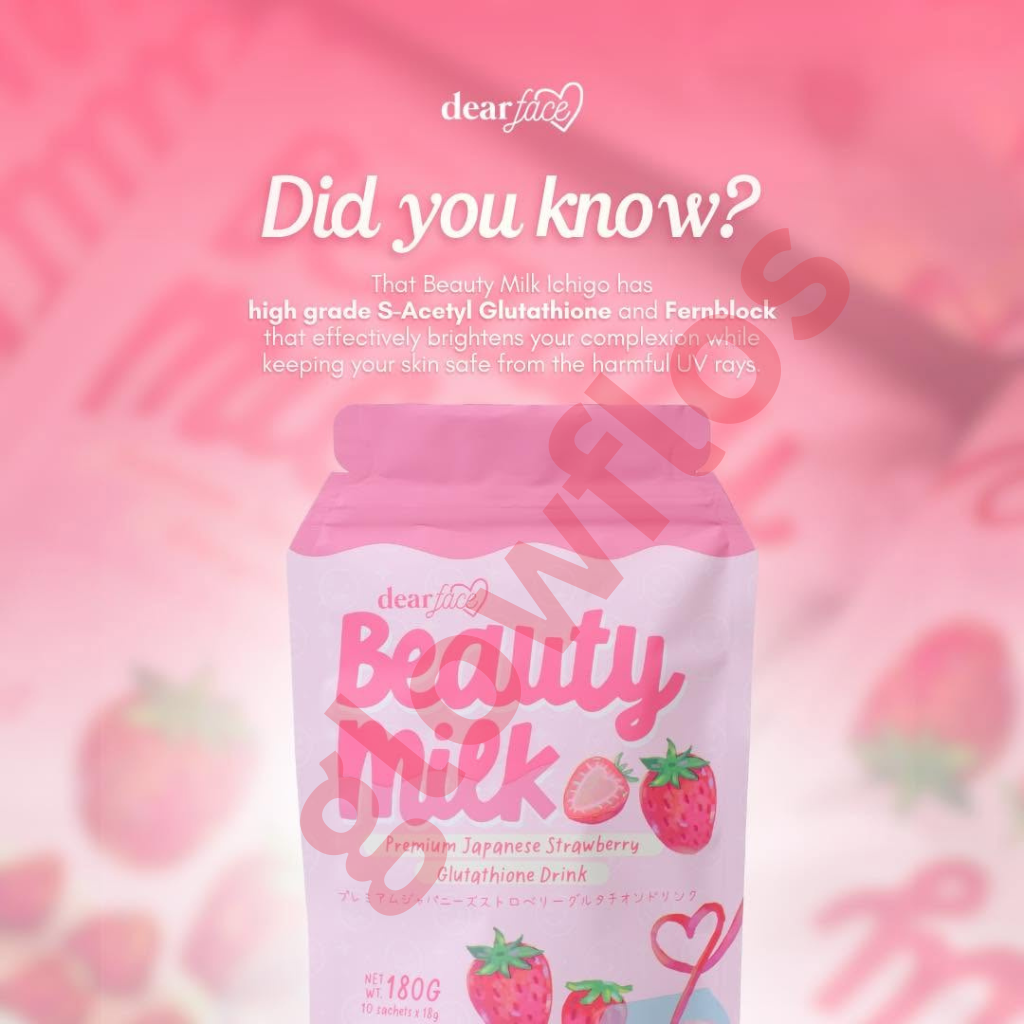 Authentic Dear Face Beauty Milk Strawberry Glutathione and Marine Collagen Drink Powder with Liposomal Technology for Premium Full Body Whitening Skin Tightening Anti Aging and Oral Sun Protection Glow