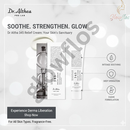 Dr. Althea 345 Relief Cream tube and packaging for sensitive, acne-prone skin. Best barrier repair Cica cream with Niacinamide