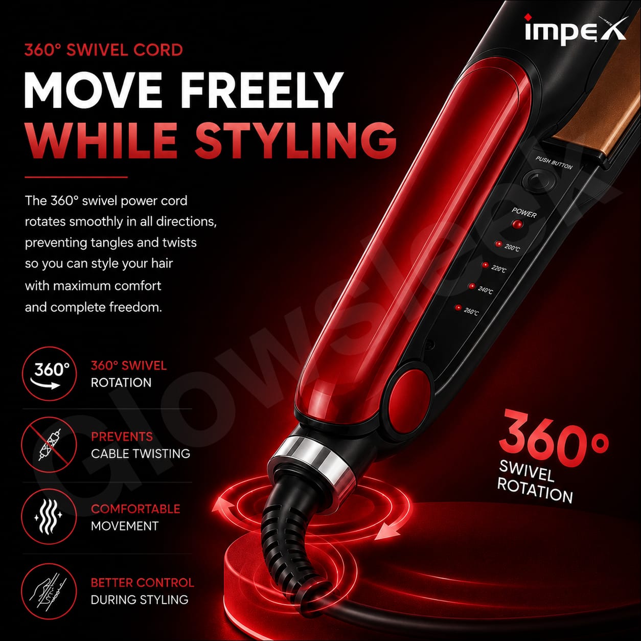Authentic Impex Hair Straightener Model HS 302 Flat Iron with PTC Fast Heating Ceramic Coated Plates Plate Lock Function and 360 Degree Swivel Cord for Frizz Free Smooth Hair