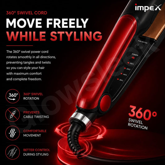 Authentic Impex Hair Straightener Model HS 302 Flat Iron with PTC Fast Heating Ceramic Coated Plates Plate Lock Function and 360 Degree Swivel Cord for Frizz Free Smooth Hair