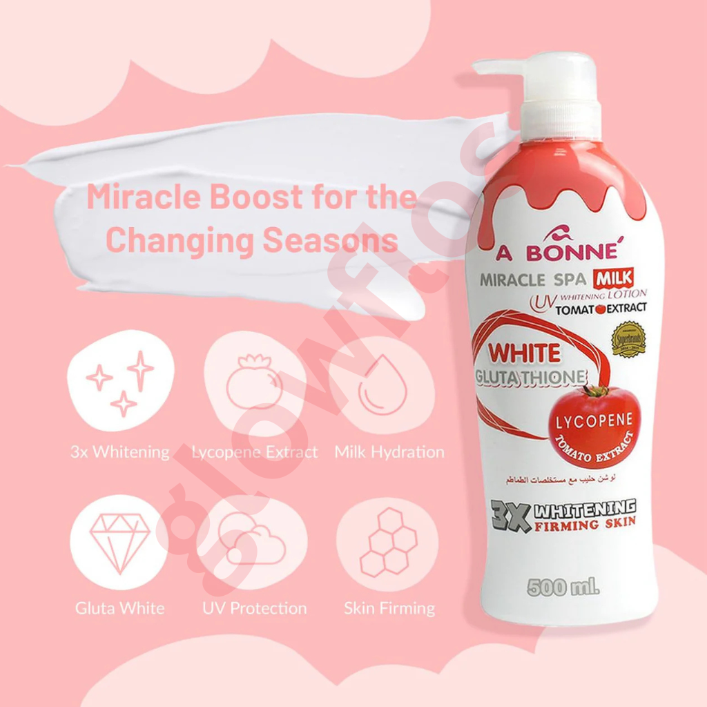 Silky smooth white milk lotion texture of A BONNE Tomato lotion being applied to skin
