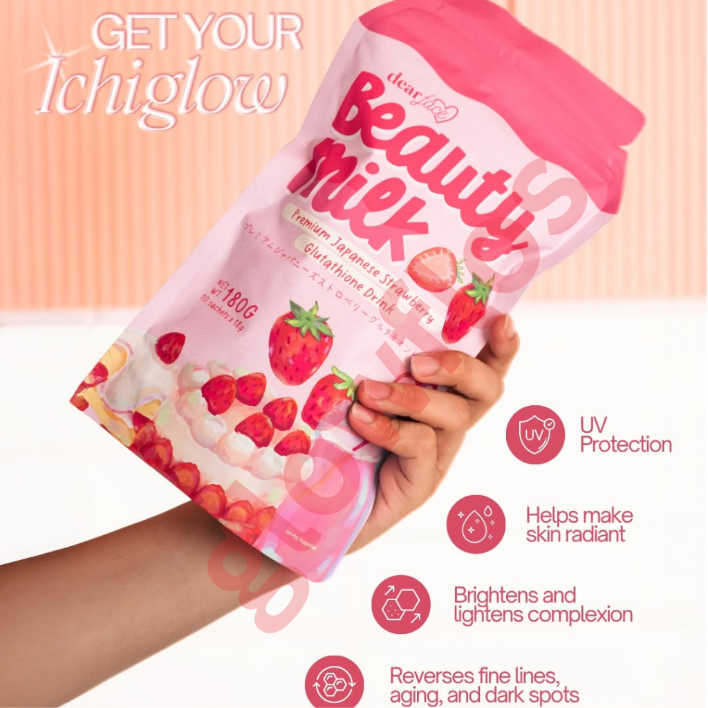 Authentic Dear Face Beauty Milk Strawberry Glutathione and Marine Collagen Drink Powder with Liposomal Technology for Premium Full Body Whitening Skin Tightening Anti Aging and Oral Sun Protection Glow