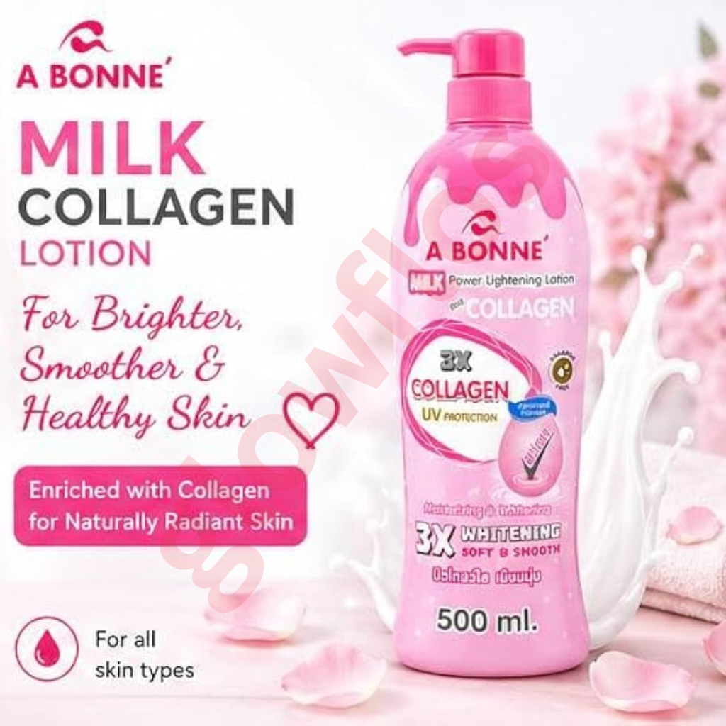 Silky smooth white milk lotion texture of A BONNE Collagen lotion being applied to skin