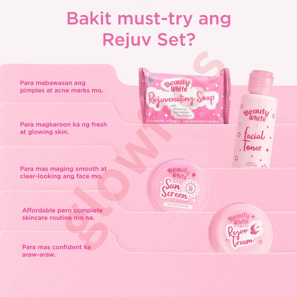 Authentic You Glow Babe Beauty White Rejuvenating Set 4-in-1 Intensive Skincare Kit with Kojic Soap Toner Night Repair Cream and Sunblock SPF 45 for Advanced Acne Treatment Dark Spot Peeling and Flawless Glass Skin