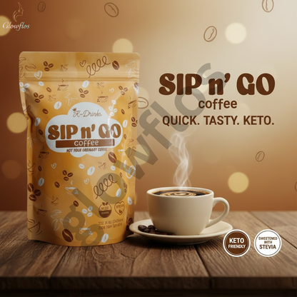“K-Drinks Sip n’ Go Detox Coffee – premium Arabica slimming detox coffee with L-Carnitine, Psyllium Husk, Chlorella, and Dandelion Extract.”