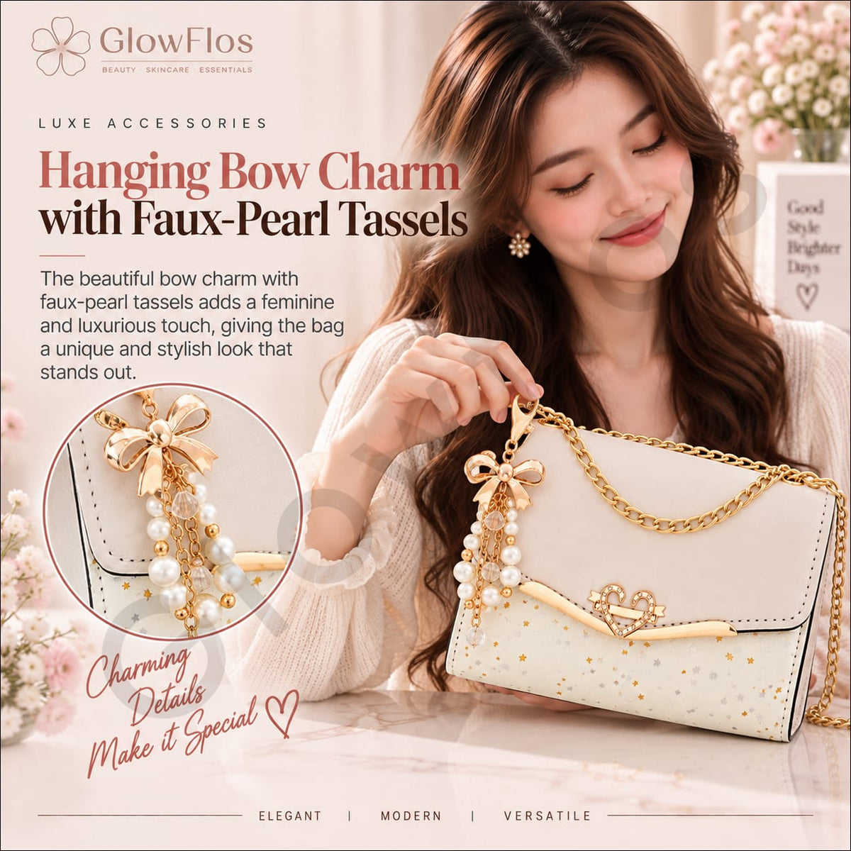 Luxe Accessories Embellished Flap Crossbody Bag with Pearl Charm