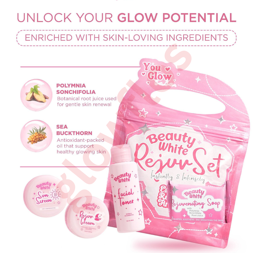 Authentic You Glow Babe Beauty White Rejuvenating Set 4-in-1 Intensive Skincare Kit with Kojic Soap Toner Night Repair Cream and Sunblock SPF 45 for Advanced Acne Treatment Dark Spot Peeling and Flawless Glass Skin