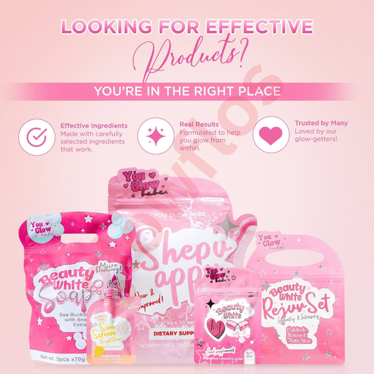 Authentic You Glow Babe All Products Combo Pack with Beauty White Rejuvenating Set Capsules Soap and Sheppu Appu Slimming Juice for Premium Full Body Skin Whitening Acne Treatment Appetite Suppressant Weight Loss and Glass Skin